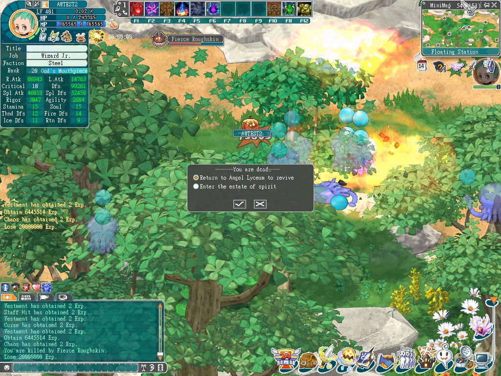 Development screenshot showing the character interface and a forest battle in Angels Online