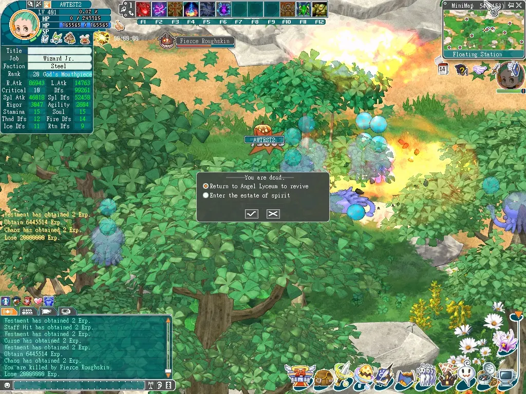 Development screenshot showing the character interface and a forest battle in Angels Online